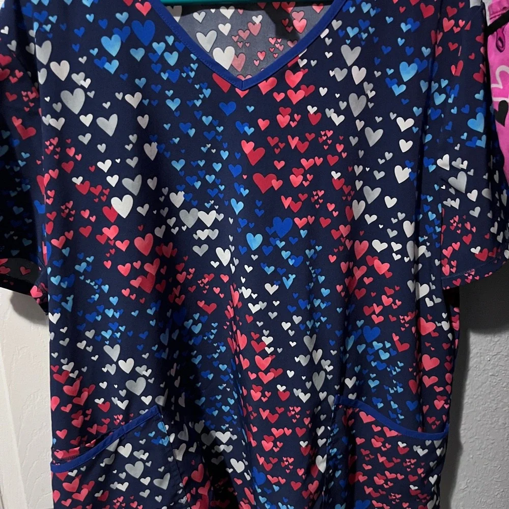 Heart Patterned Scrub Tops - Pink, Blue, set of 3 - Picture 5 of 14